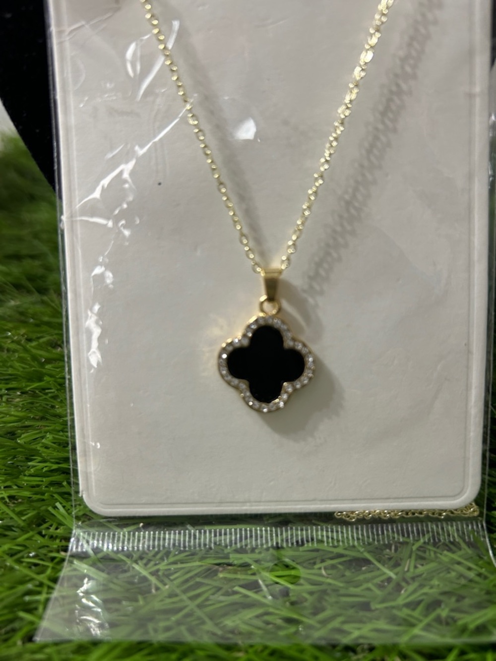 Gold-Tone Stainless Steel Necklace with Black Clover Pendant - Picture 2 of 4